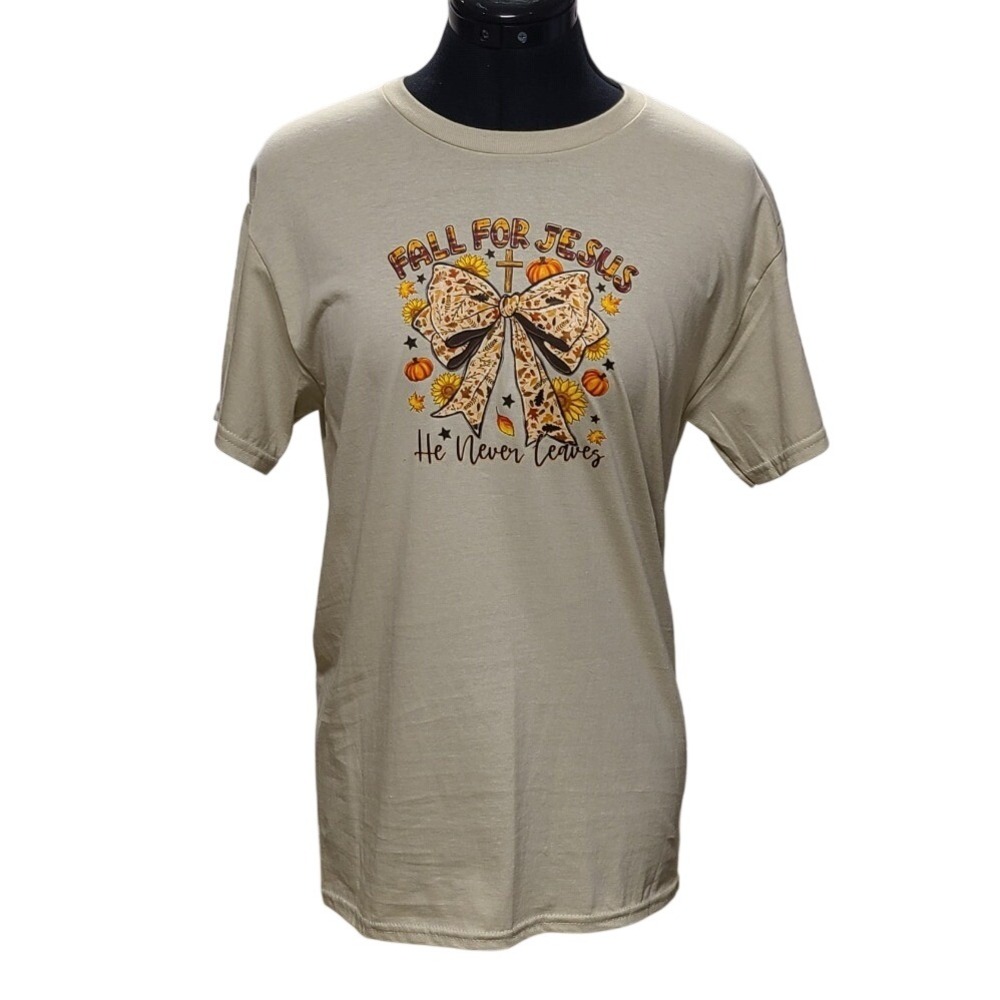 Fall For Jesus He Never Leaves Tan Graphic T-Shirt Small